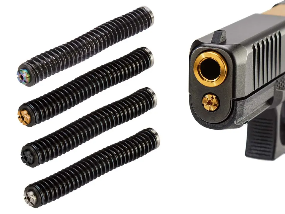 NDZ Performance guide rod assemblies in multiple finishes, with one installed in a Glock slide