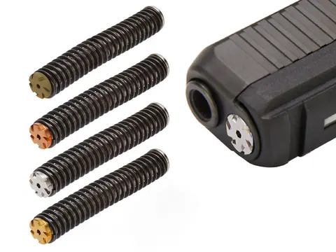 NDZ guide rod assemblies in four cap finishes beside a Glock slide